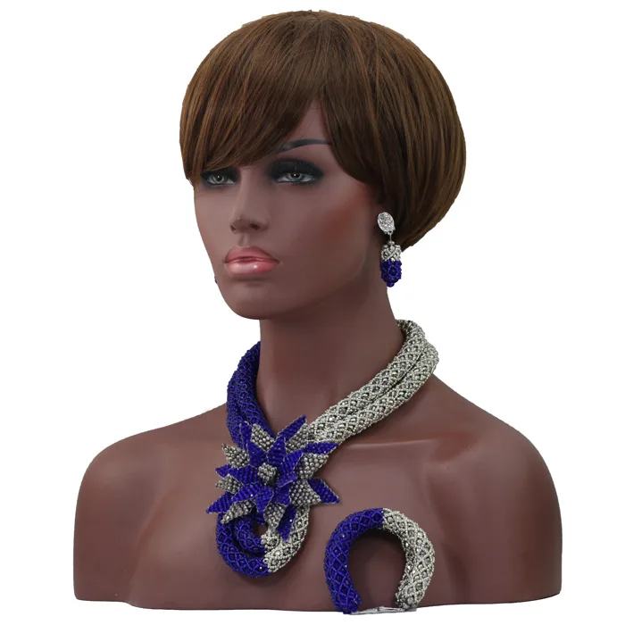 Latest Royal Blue/Silver Beauty Jewelry Set African Bride Crystal Floral Costume Necklace Flower Brooch Free Shipping ABL578 | Украшения и