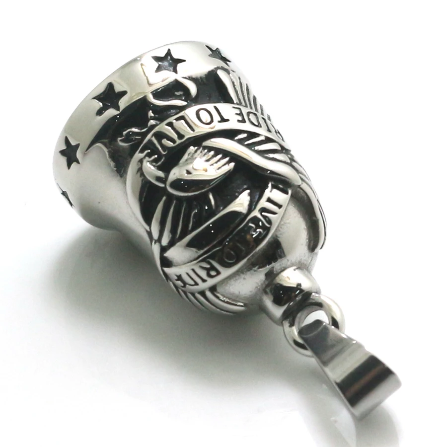 Mens 316L Stainless Steel Cool Ride To Live, Live To Ride Stars Silver Eagle Biker Newest Ring Bell Pendant