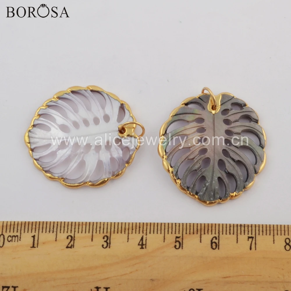 

BOROSA 10PCS Wholesale Gold Plated Hollow Leaf Rainbow Shell Boho Pendants Natural Shell Slice Women Necklaces Girls Gifts G1774