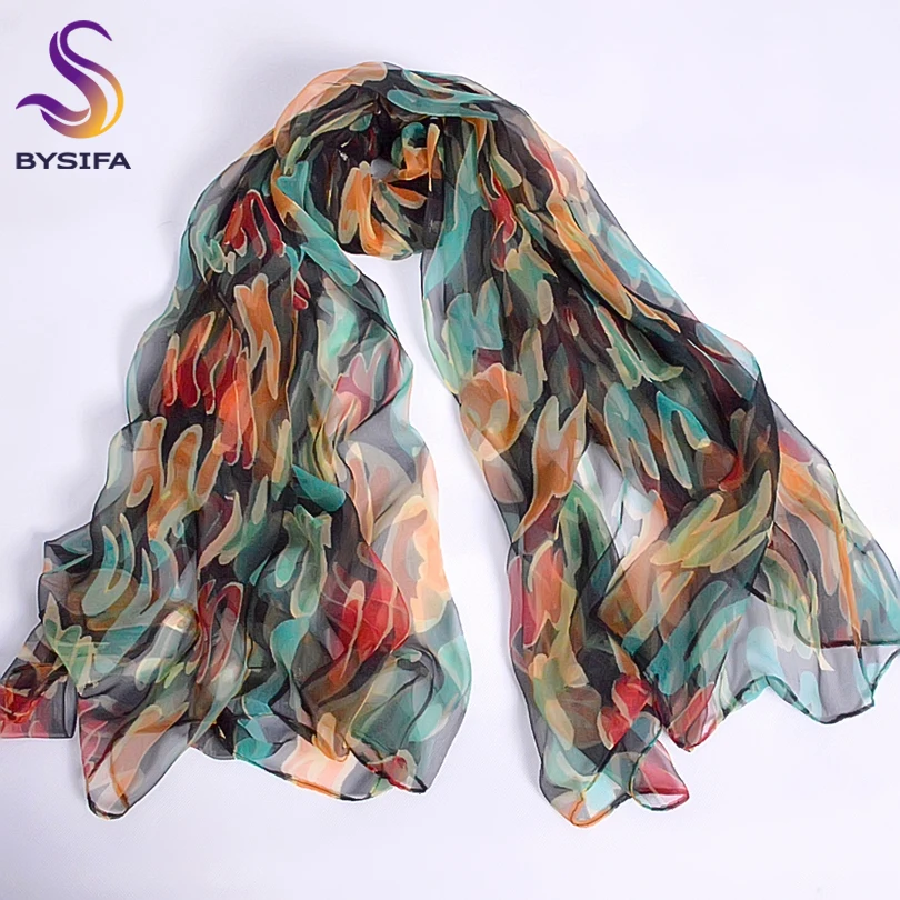 New Blue Orange Silk Scarf Printed 2016 Brand 100% Pure Scarves Wraps Spring Autumn Female Large Size Long |