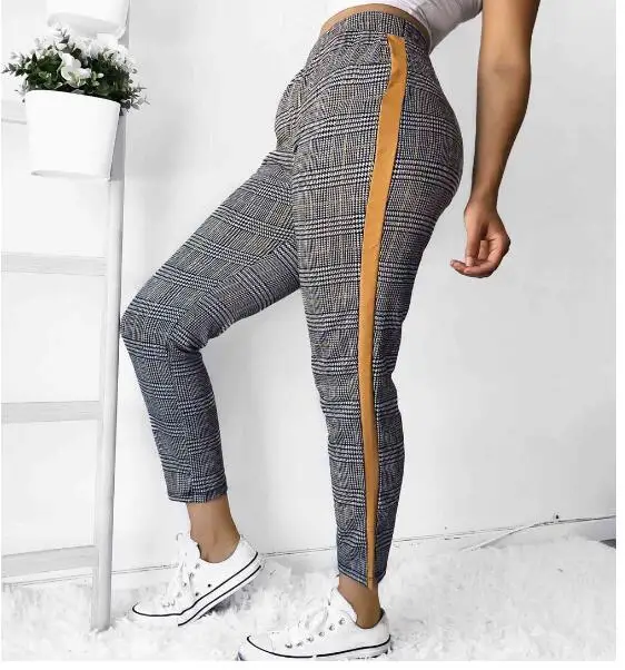 Брюки женские с полосками по бокам и узором в клетку повседневные Модные уличные