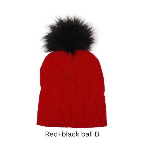 Red B Осенне-зимняя новинка, теплая шапка для малышей, мягкая хлопковая шапочка с искусственным помпоном, меховые шапки для девочек и мальчиков, вязаная крючком детская шапка, рождественские шапки - Цвет: Red B