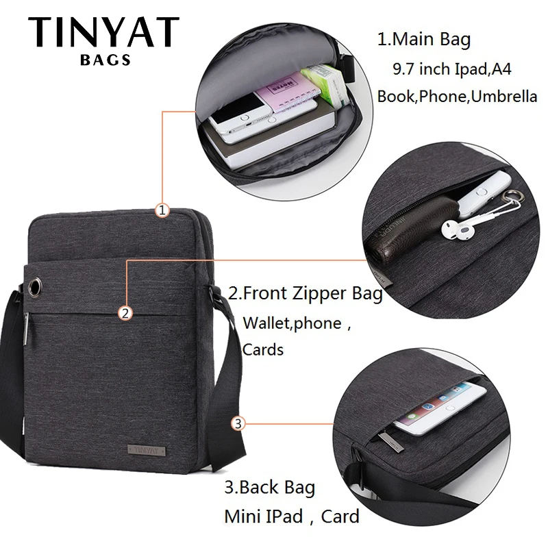 Мужская сумка-мессенджер TINYAT повседневная холщовая сумка через плечо для