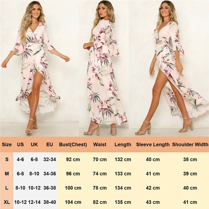 Женское длинное платье в стиле бохо летнее с цветочным принтом расклешенное v