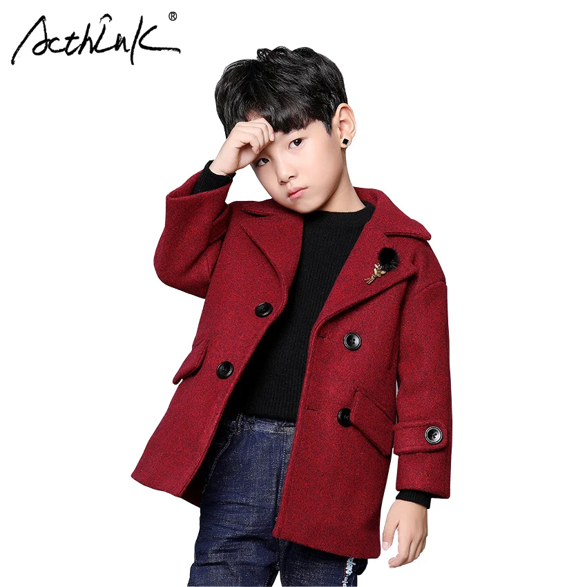 

ActhInK New Boys Long Suits Blazer Jacket England Style Boys Winter Woolen Blends Children Winter Wind Coat Boys Chic Outerwear