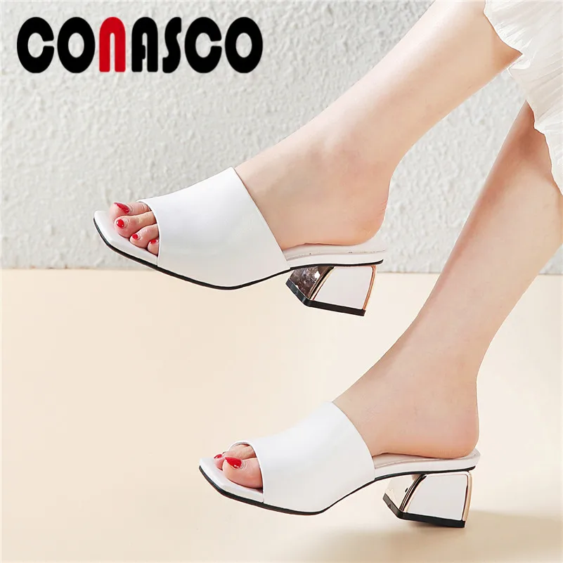 

CONASCO Summer New Fashion Concise Square Toe Women Sandals 2021 Solid Genuine Leather Slip On Women Pumps Shallow Shoes Woman