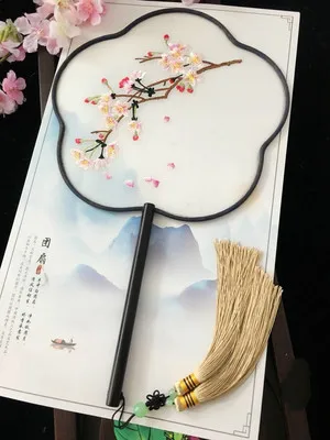 Peach blossom Китайский стиль вышивка шелк круговой вентилятор круглый Женский Длинная ручка древний дворец ханьфу сделать фото танцевальный веер - Цвет: Peach blossom