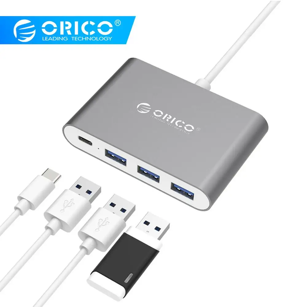 ORICO алюминиевый type-C PD зарядный концентратор USB3.1 Gen1 5 Гбит/с высокоскоростной с 15 см Дата-кабель-(RC3A