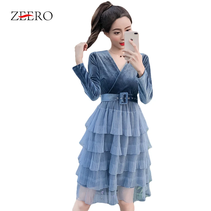 Женское бархатное платье повседневное Облегающее кружевное с поясом и длинным