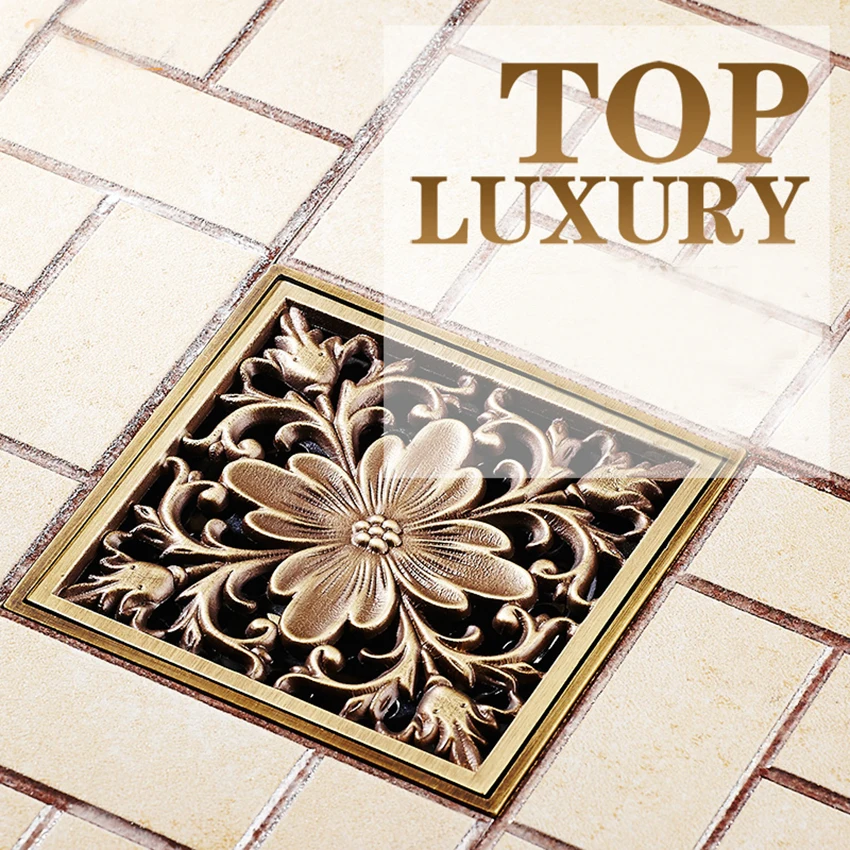 10cm Euro Style Antique Brass Flower Art Carved Floor Drains Square Drain Strainer for Bathroom kitchen balcony | Обустройство дома