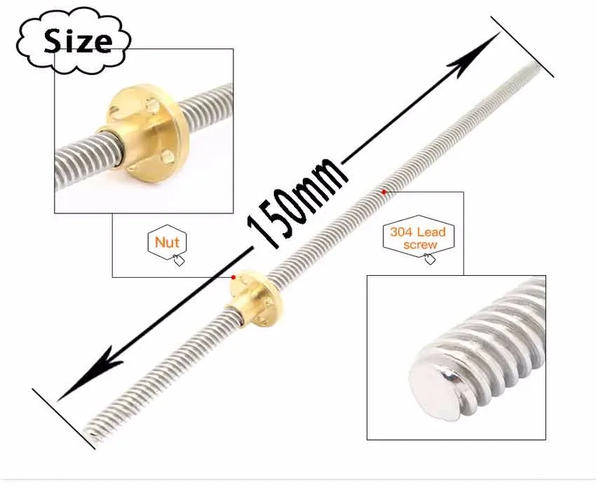 Длина 150 мм ходовой винт диаметр 8 расстояние винта 2 резьба 10 трапециевидный