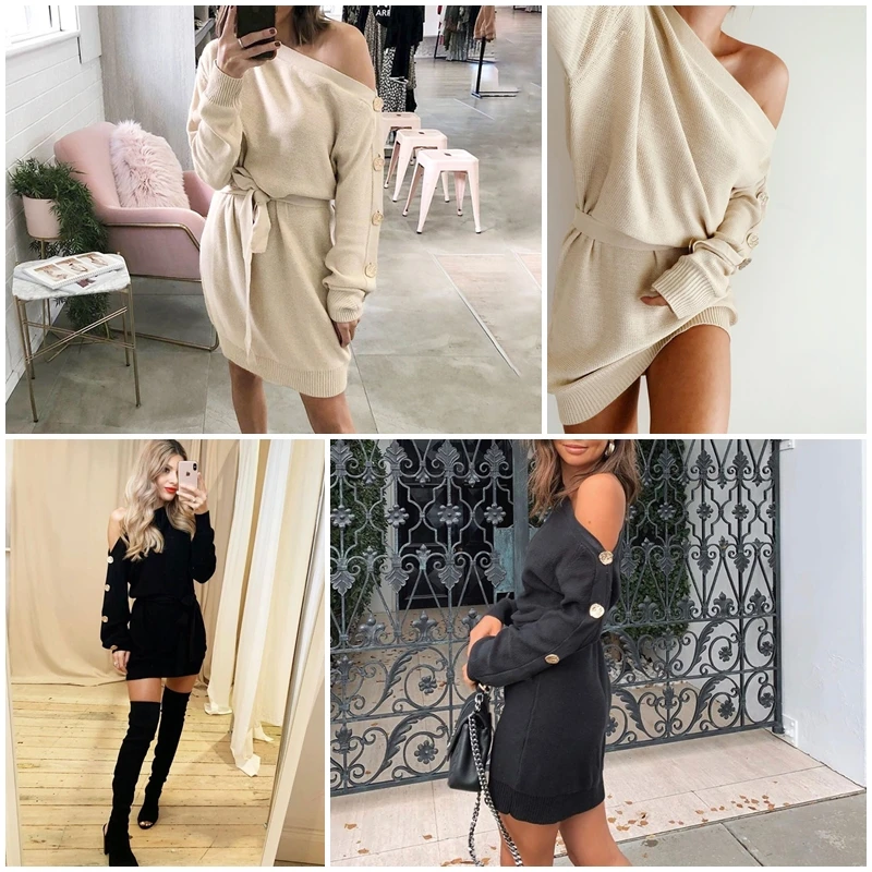 BeAvant Elegant one shoulder knitted dress women Fashion buttons sash female autumn dresses Casual loose winter ladies vestidos
