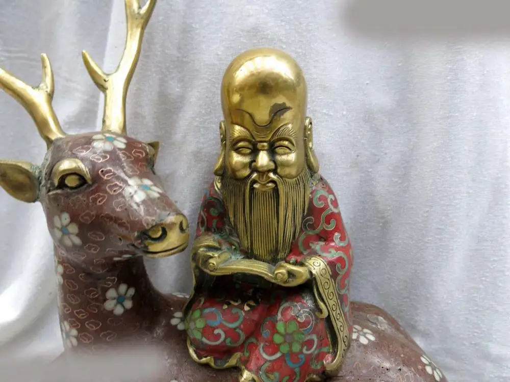 10 &quotКитай ручной бронзовый gild Перегородчатой долголетия Будды скульптура оленя
