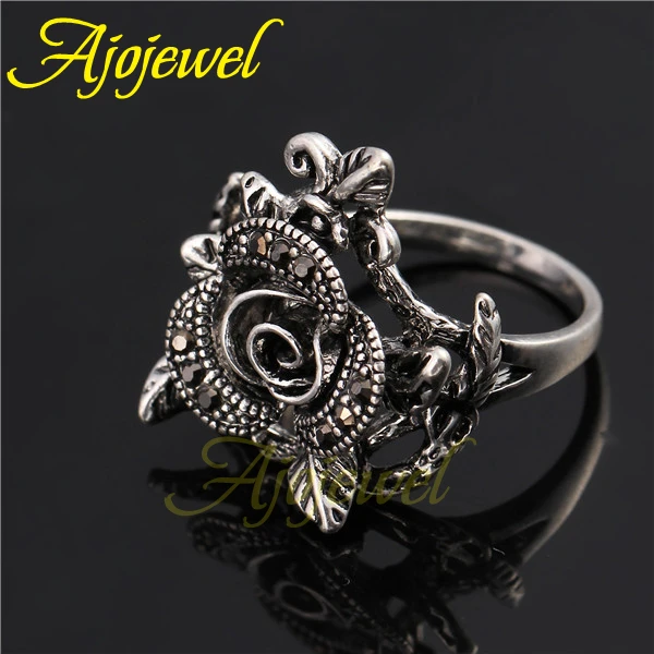 Ajojewel Новый Винтажный Черный Кристалл Стразы Цветок женское Ювелирное кольцо
