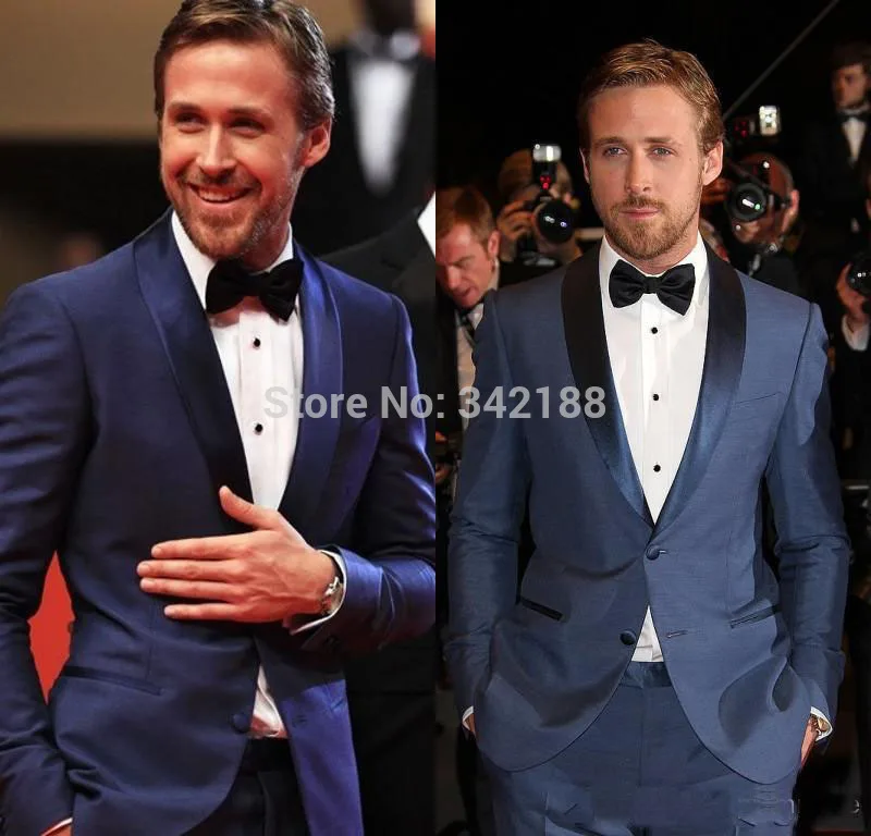 Мужской приталенный смокинг для жениха темно-синий деловой бутиловая шаль