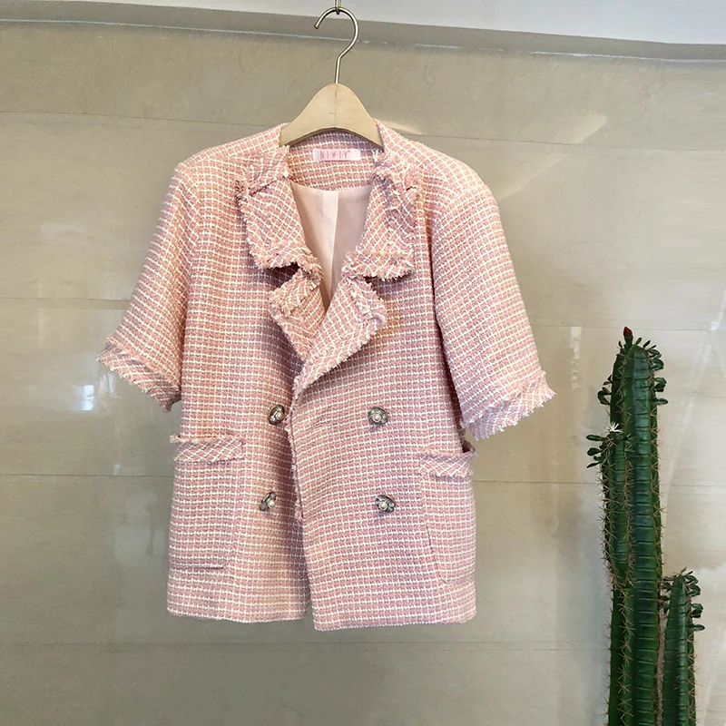 Женская твидовая куртка с коротким рукавом подиумная дизайнерская двубортная