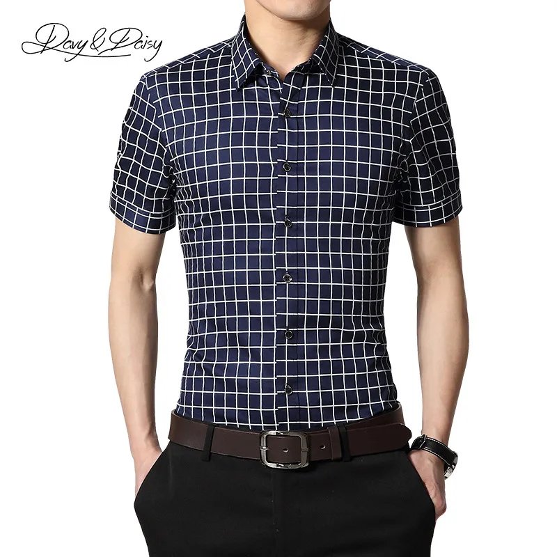 Dark Blue DAVYDAISY Новая летняя мужская рубашка модная Высококачественная классическая клетчатая брендовая одежда с короткими рукавами деловая рубашка мужская DS034 - Цвет: Dark Blue