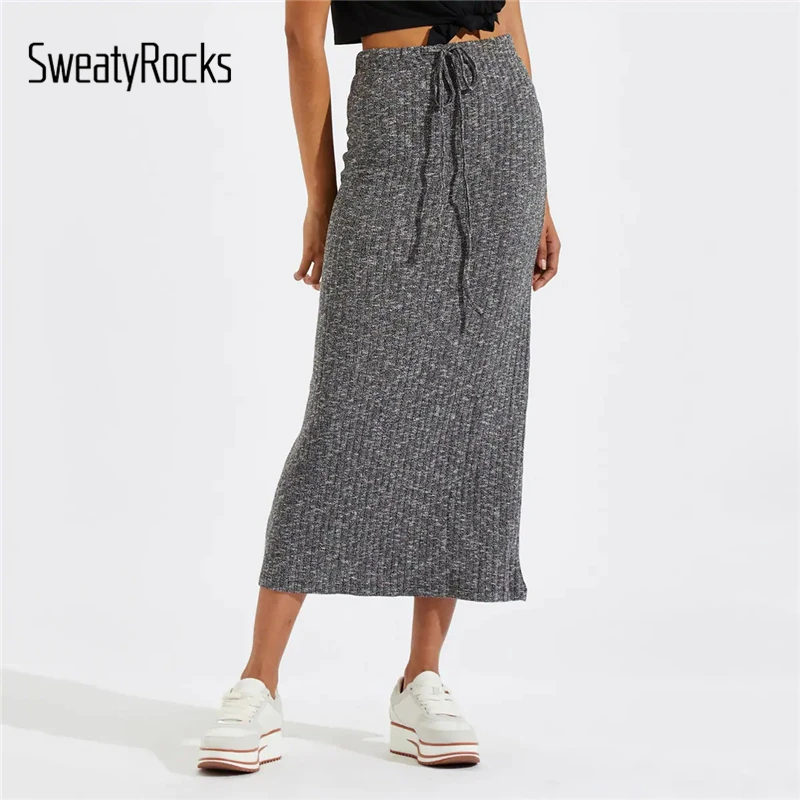 SweatyRocks, юбка-карандаш с завязками на талии, уличная одежда, высокая талия, однотонные юбки, весна, облегающие Женские повседневные длинные юбки