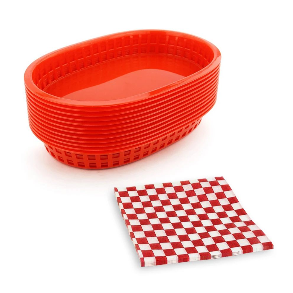 

12pcs Fast Food Baskets with 24pcs Checkered Wax Paper set Restaurant Fast Serving Platter Plastic Food Trays Dinner Home Table