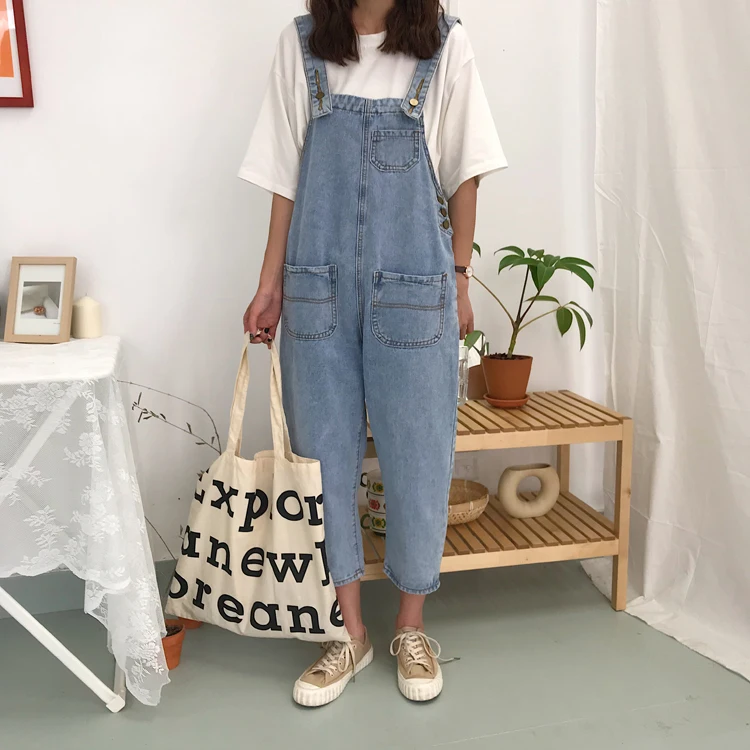 Джинсовый длинный комбинезон Lychee для девочек с карманами женский без рукавов на