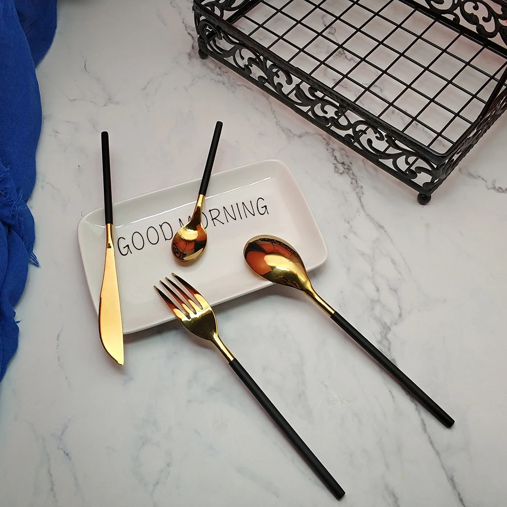 Лучшие 4 шт круглые черные золотые столовые приборы кухонные 304 нержавеющая сталь
