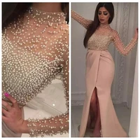 2021 vintage blush split prom dresses full beaded pearls illusion neck middle east moroccan kaftan evening party gowns custom