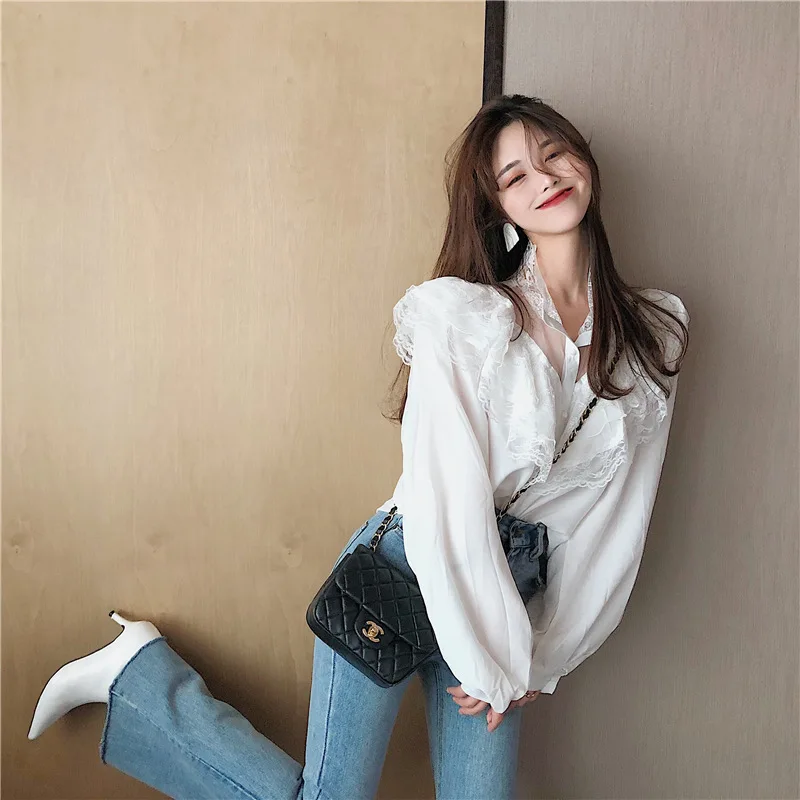 2019 Early Spring Vintage Sweet Cut Lace Sweatshirt With Ruffles Tops womens tops and blouses |
