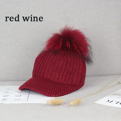 Fashion Big Hairball Baseball Caps for Women and Girl Autumn Winter Warm Knitted Hairy Hats Adjustable Wool Snapback Cap - Цвет: red wine