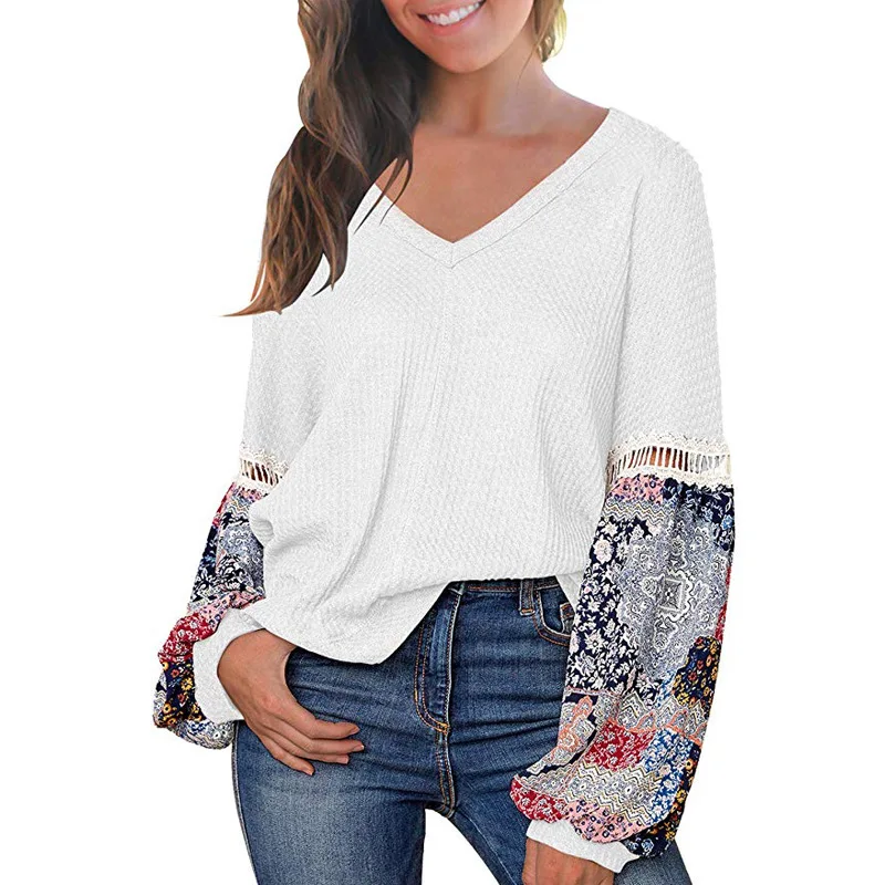 Женская свободная офисная футболка с длинным рукавом Лоскутные Топы И Футболки v
