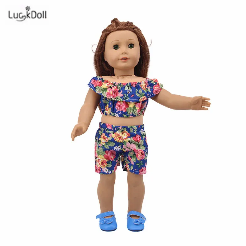 LUCKDOLL цветок короткий рукав шорты комплект подходит 18 дюймов Американский 43 см BabyDoll одежда аксессуары, игрушки для девочек, поколение, день рождения Gif