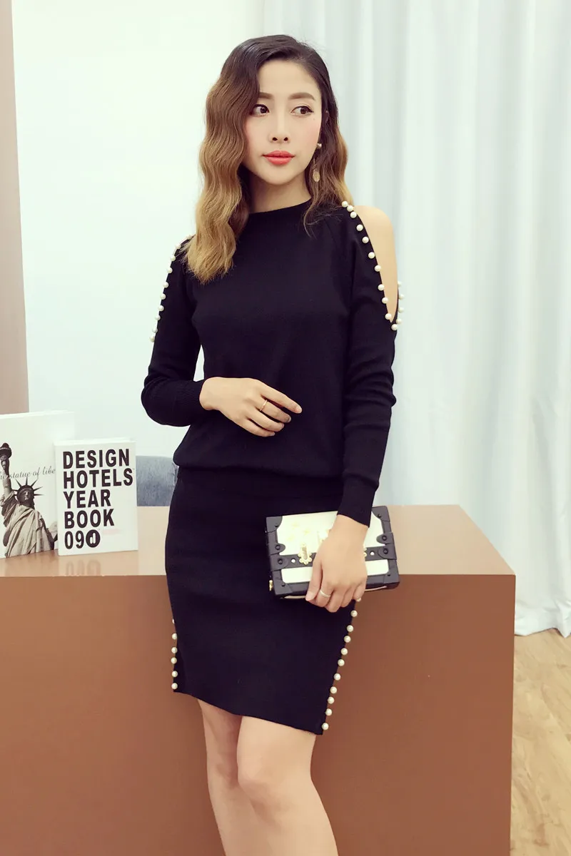 [Alphalmoda] Весна Новое поступление женский с открытыми плечами вышитый бисером вязаный юбки костюмы с длинными рукавами свитер Топ Облегающие юбки-карандаш наборы