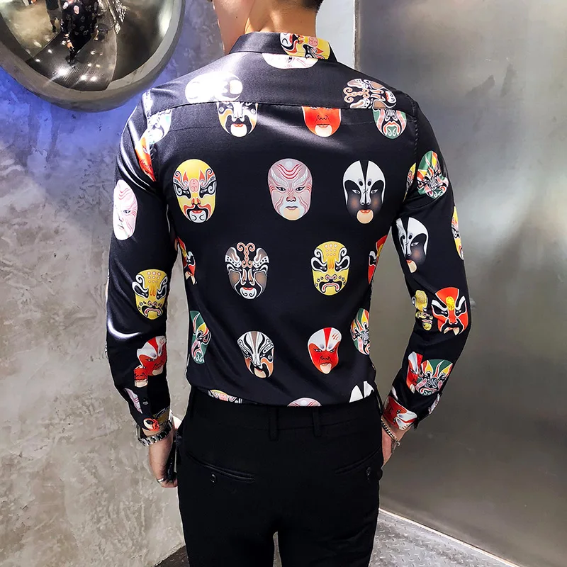 Рубашка мужская с принтом в китайском стиле приталенная длинным рукавом