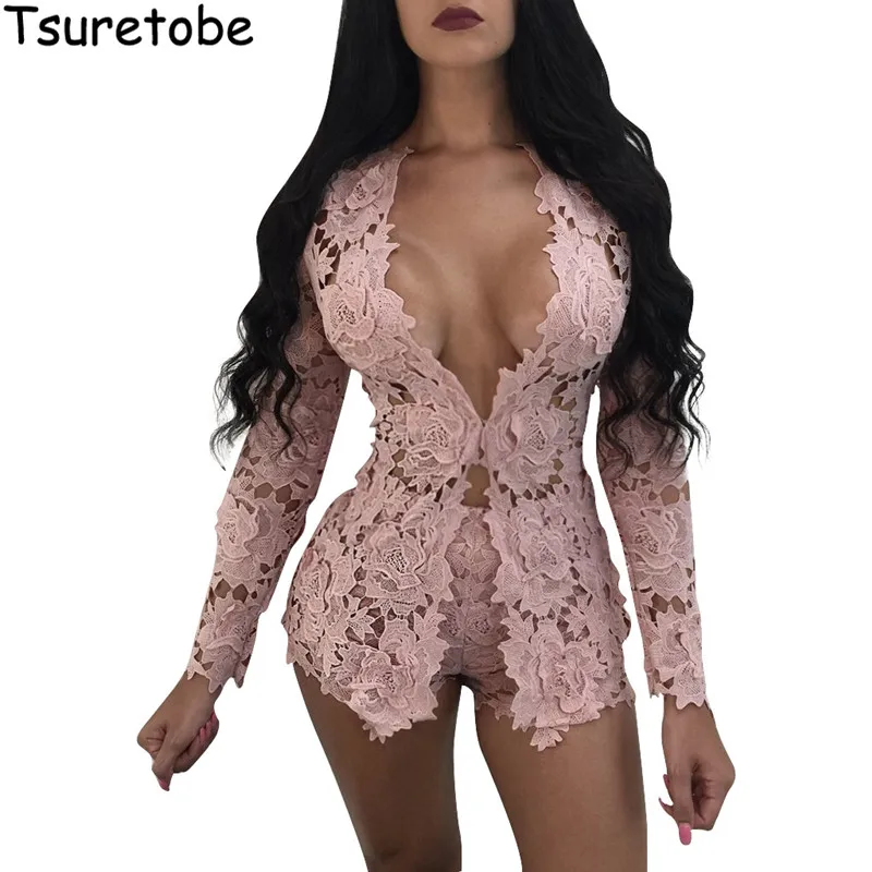Новинка лета 2017 элегантный кружевной комбинезон с длинными рукавами и цветочным