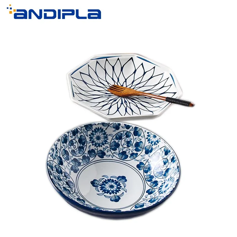 Ручная роспись синий и белый фарфор посуда японский стиль керамическая миска для