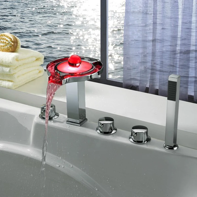 Новый 5 отверстий на бортике LED водопад краны смесители и легендарный светящийся