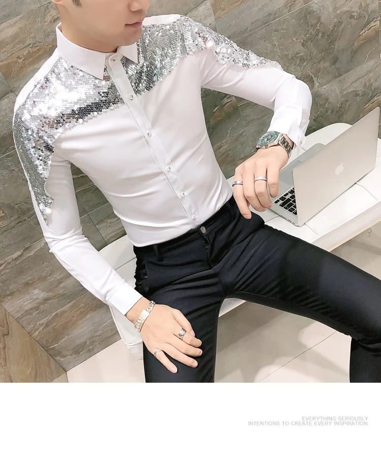 Brand Slim Fit Men Shirt Korean Fashion Paillette Shirt Long Sleeve Casual Shirts Night Club Party Prom Dress Shirt camisa