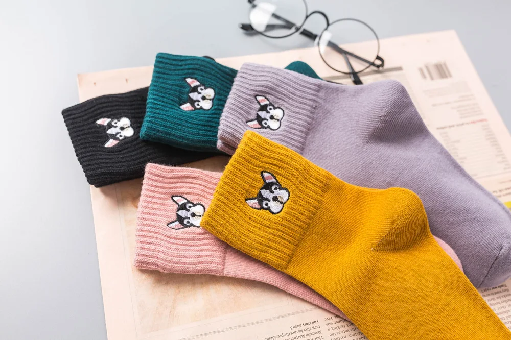 Kawaii winter women dog socks japanese style crew cotton girl sock Christmas skarpetki funny cute harajuku yellow pink black