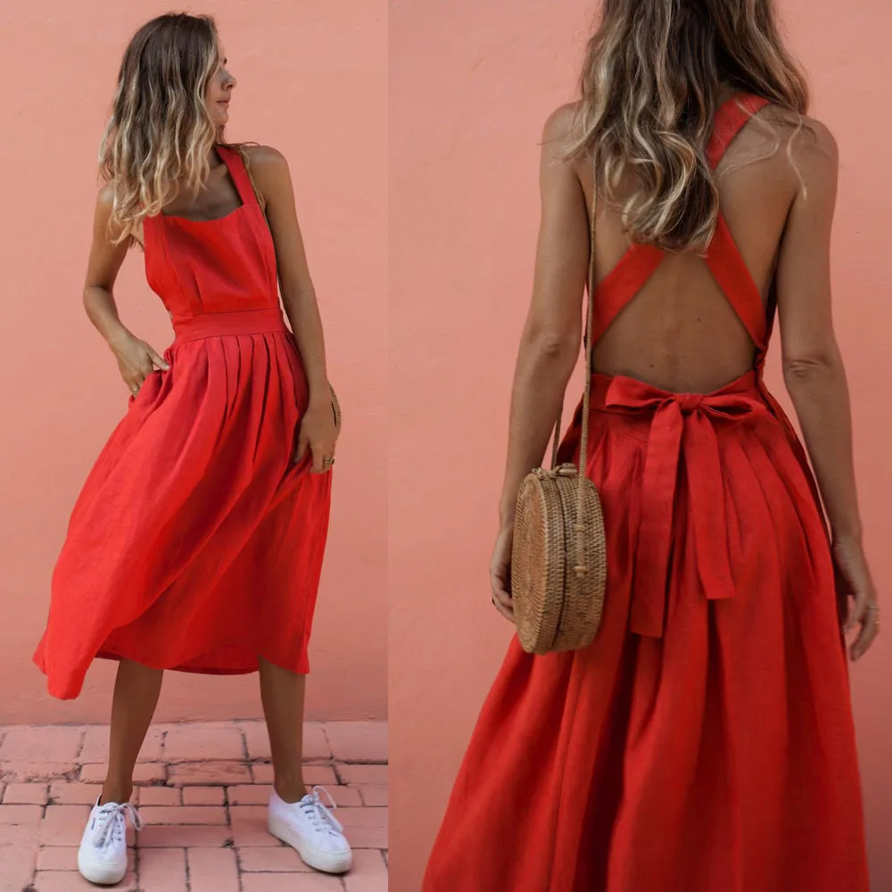Женское длинное платье на бретельках Boho красное пляжное с открытой спиной для