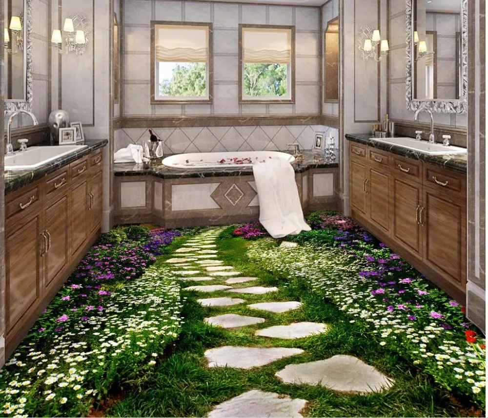 Настенный 3d пол самоклеящийся из ПВХ с изображением цветов и дороги водопад для