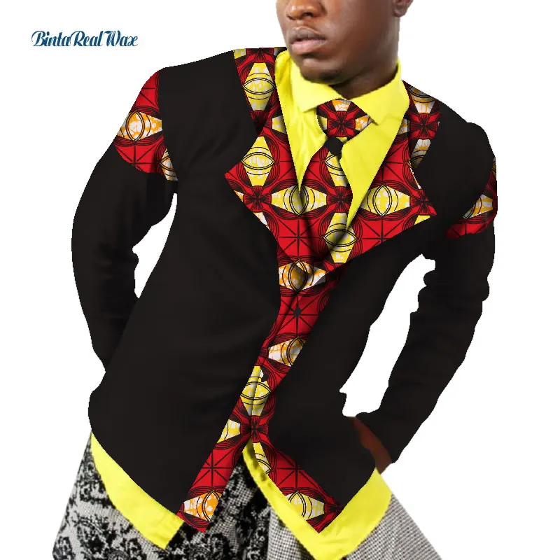 

African Men Clothing Bazin Riche Patchwork Print Tops Coat Shirt Necktie Cotton Dashiki African Design Clothing WYN519