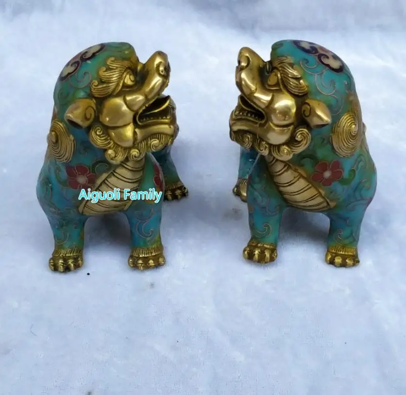 

Art Collectible Chinese Old Cloisonne Bronze Carved 1 Pair Lion Statue/Home Decoration Animals Sculpture Holiday gifts