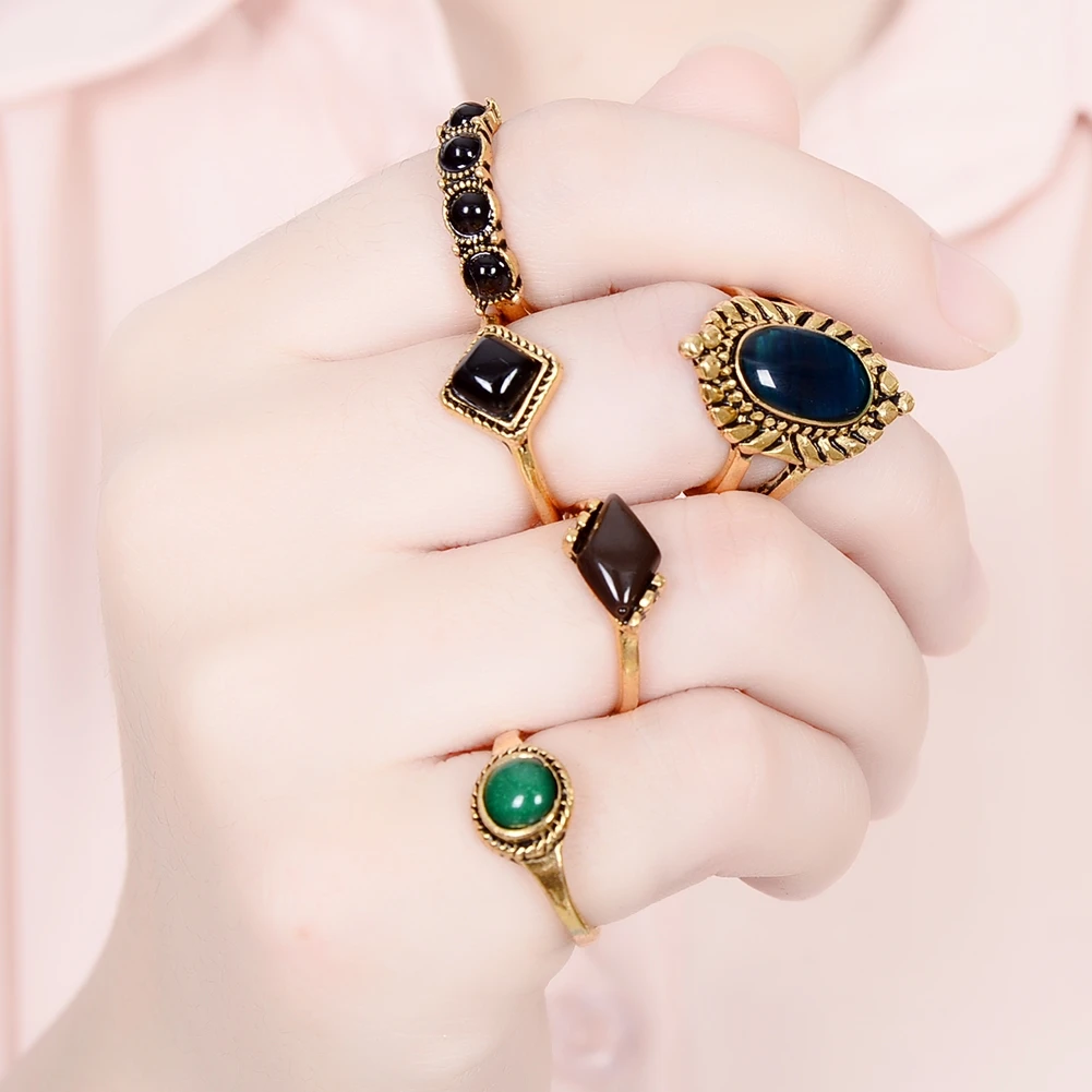 Vintage 5pcs / Set Ring Charm Crystal Stone Rings Geometric Roung Midi Knuckle Simple For Women Gold Color Jewelry | Украшения и