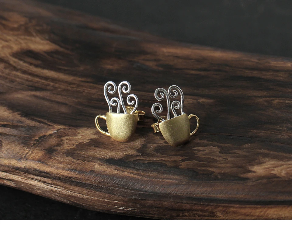 Lotus весело Настоящее серебро 925 проба заклепки творческий ручной Fine Jewelry чашка горячего кофе стильные серьги-гвоздики для Для женщин Brinco