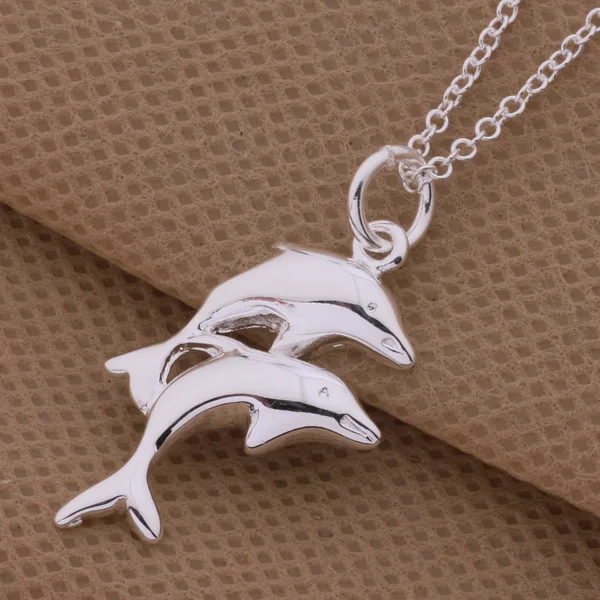 Двойной дельфинов яркое посеребренное ожерелье для женщин серебряная подвеска