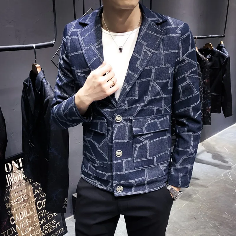 Для мужчин Блейзер плед 3 пуговицы Slim Fit повседневный костюм жакет мужской 2019