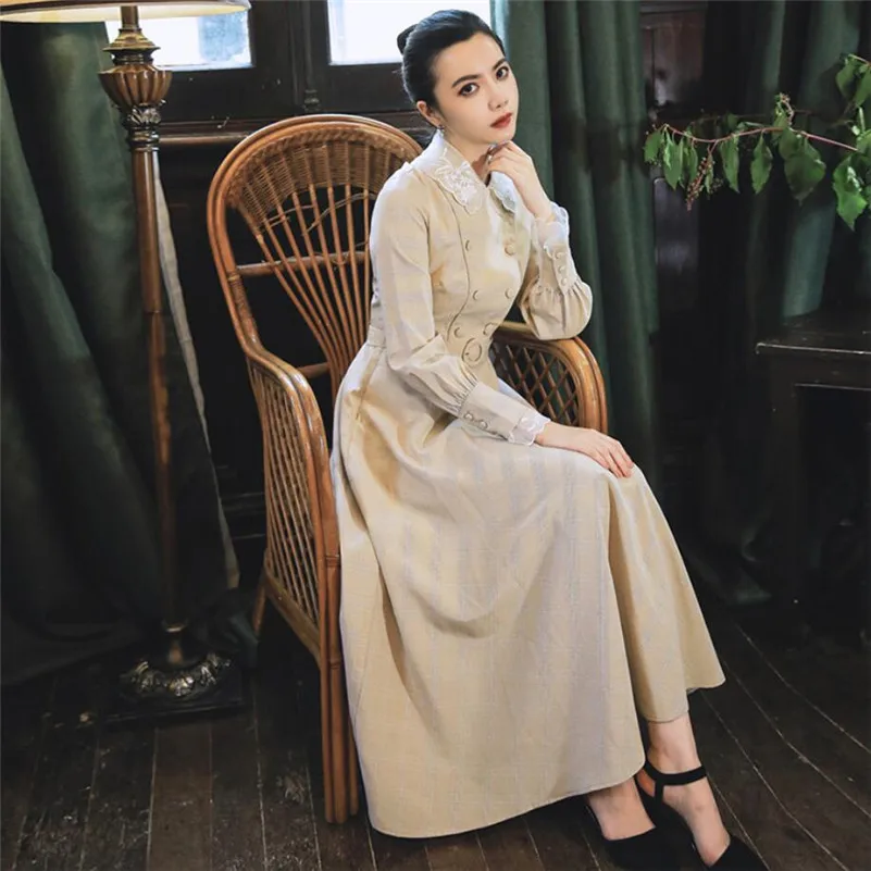 

2019 Spring Autumn Elegant Women Dress Peter Pan Collar Lace Petal Sleeve Retro Slim Empire Vestidos Casual Lady Faldas r1089
