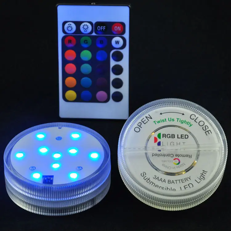 

(12pcs/lot) 3AAA Battery Operated Super Bright Multicolor RGB LED Multicolor Submersible Party Light Base with Remote Control