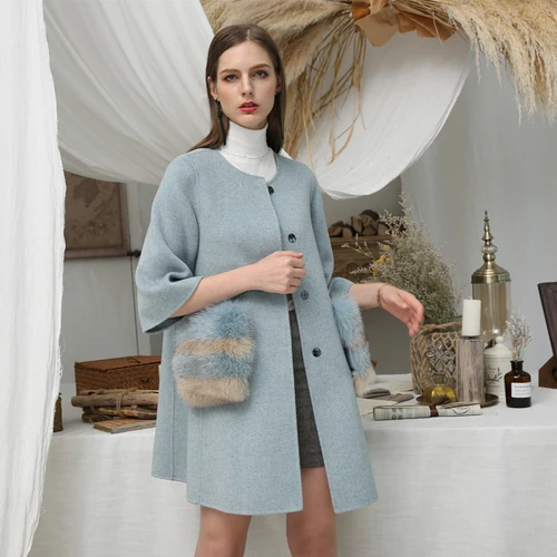 light blue OFTBUY, шерстяная смесь,, зимняя куртка для женщин, натуральный мех, пальто для девушек, двусторонняя шерсть, кашемир, натуральный Лисий мех, с карманами, шерстяное пальто - Цвет: light blue