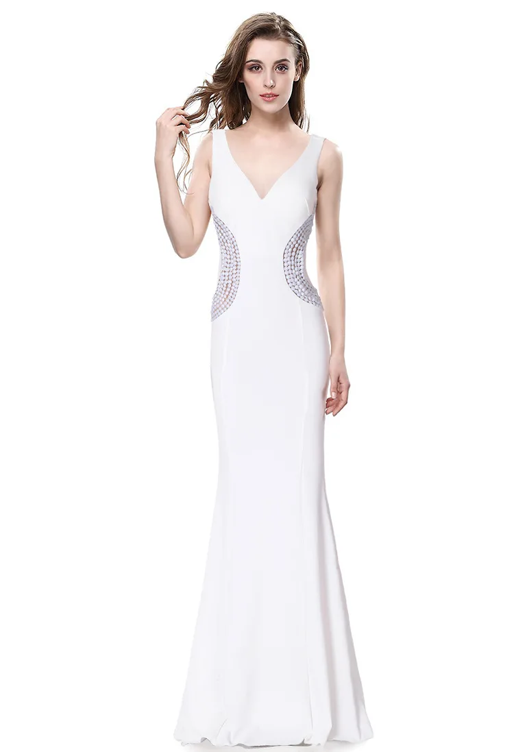 Женское вечернее платье без рукавов с глубоким v образным вырезом и кристаллами