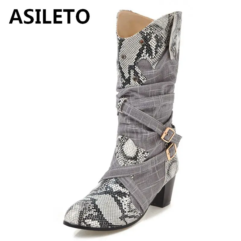 

ASILETO Winter boots women Western Cowboy Boots for women Snakeskin Print Mid-Calf Boots female Shoes booties botas mujer A693